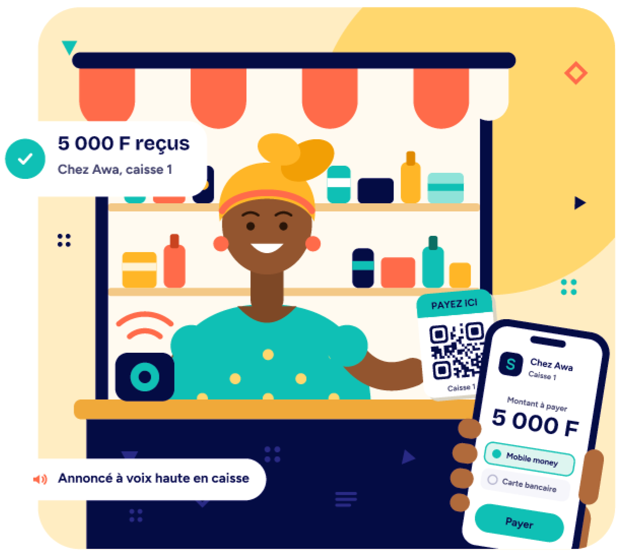 Une commerçante encaisse 5 000 F : le client paie par QR depuis son téléphone et la caisse l’annonce à voix haute